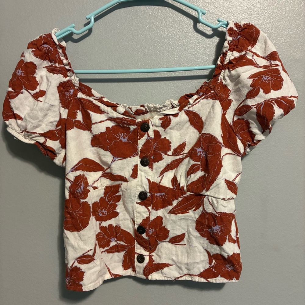 Monteau Red Floral Puff Sleeve Cropped Blouse Boho Beach Linen blend Size S/M